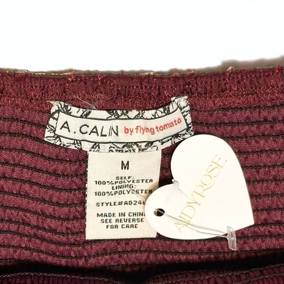 A. Calin Smocked Mini Dress Sz Medium Tiered Burgundy Scoop Neck Long Sleeve NWT - Picture 4 of 13